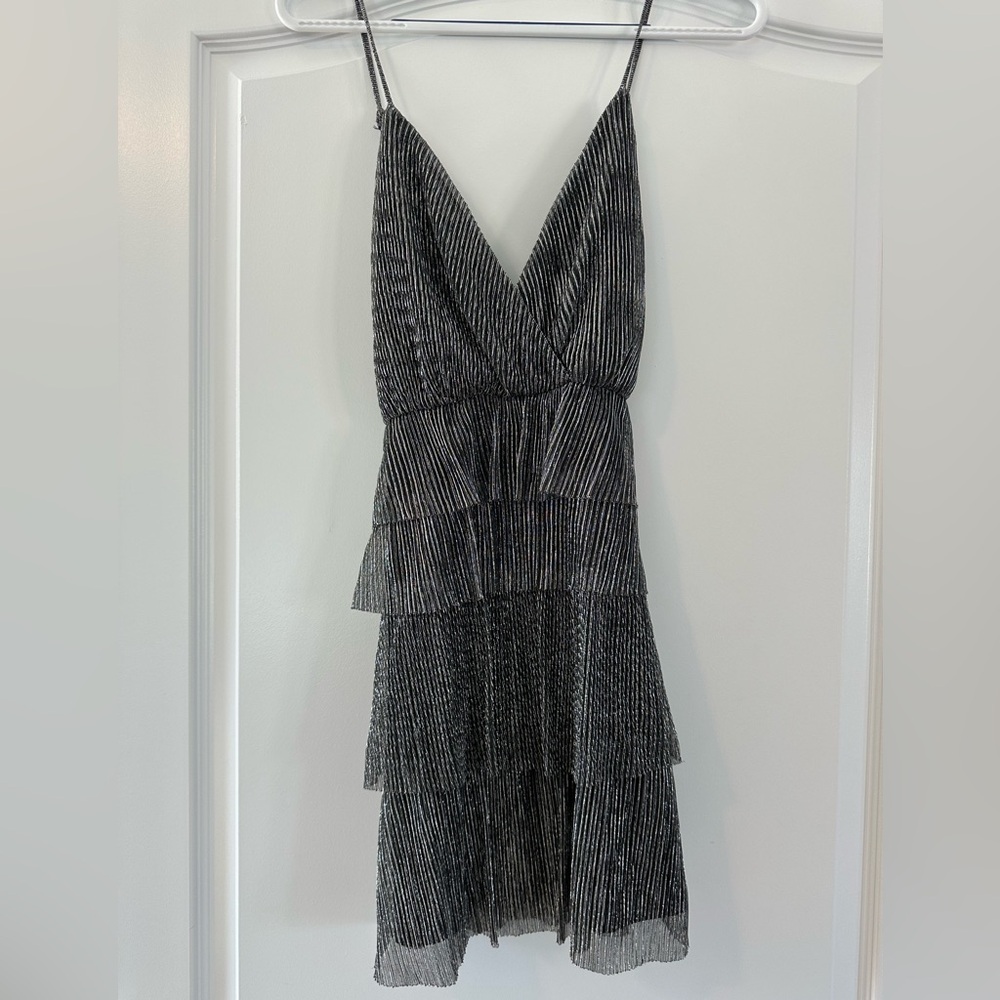 Lulu’s Glowing Gorgeous Silver Metallic Tiered Mini Dress